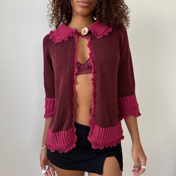 Vintage Jacqueline Riu French ruffled trim knit cardigan in berry & rose (Small) - Picture 6 of 9